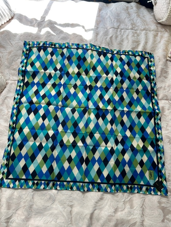 Yves Saint Laurent Accessories - 7035. Yves Saint Laurent Vintage Blue, Teal, Green & Black Diamond Scarf.  COA.